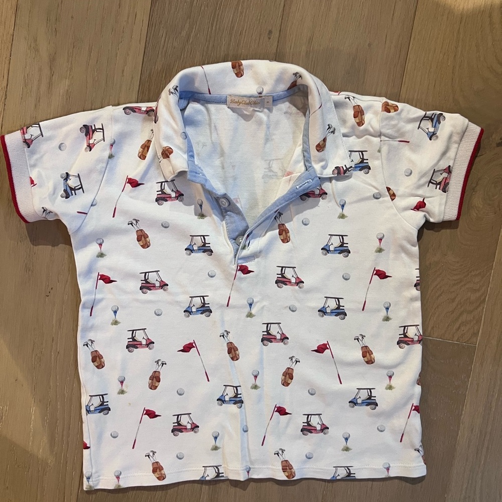 Children's White Polo with Golf Cart & Flag Print